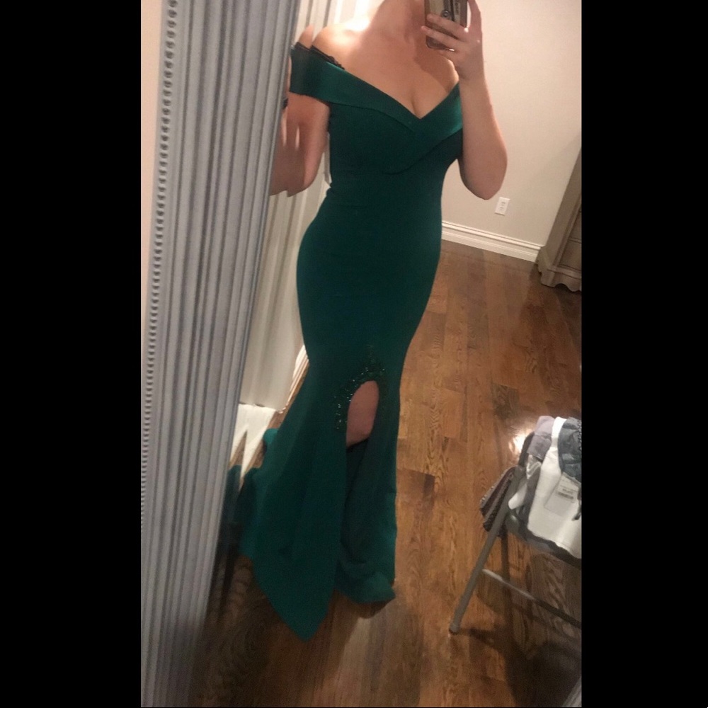 Green off shoulder slit evening dress/gown